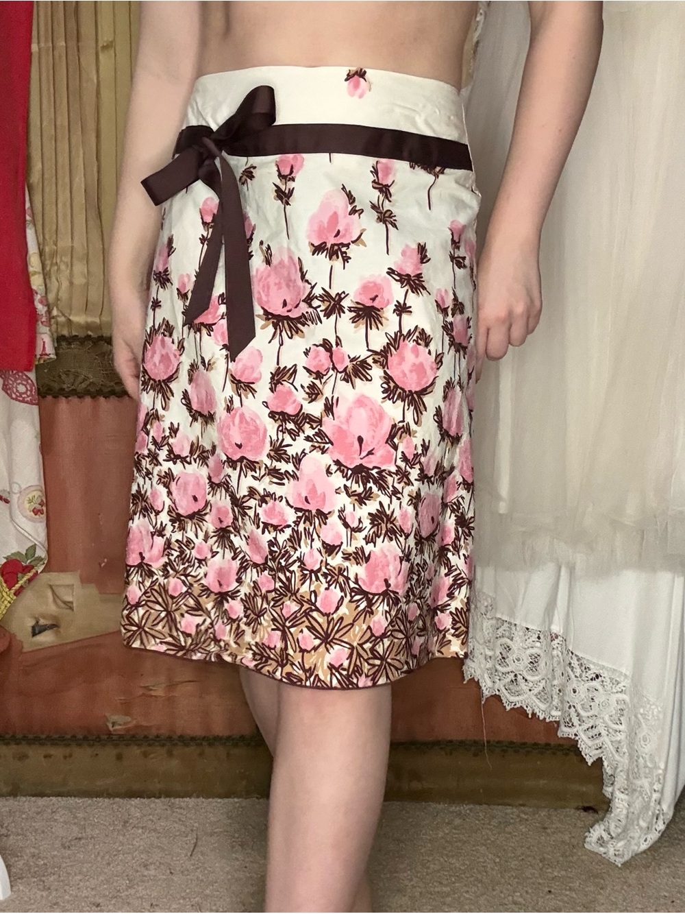 Y2K Floral Pink Cotton A-Line Skirt with Ribbon Waist